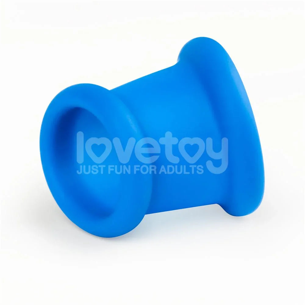 Blue Tapered Squeeze stretcher tipped over on white, showing the smooth cone profile