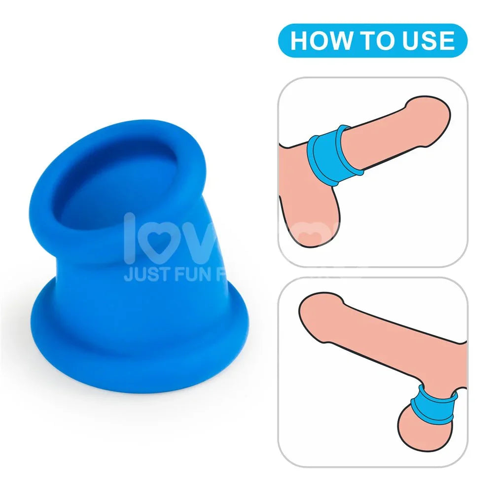 Blue Tapered Squeeze stretcher shown with a how-to diagram of it worn on the shaft and balls
