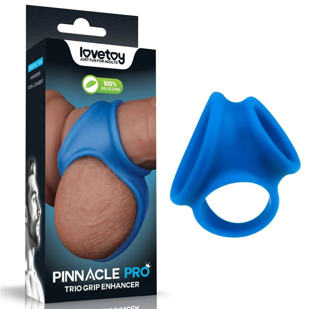 Lovetoy Pinnacle Pro Trio Grip Enhancer in Blue next to its Pinnacle Pro retail box