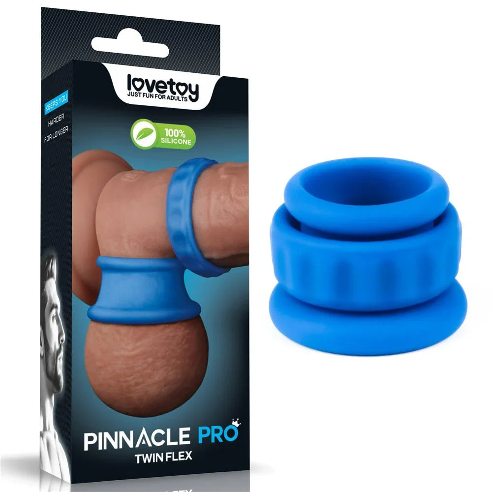Lovetoy Pinnacle Pro Twin Flex cock and ball rings in Blue beside the Pinnacle Pro box