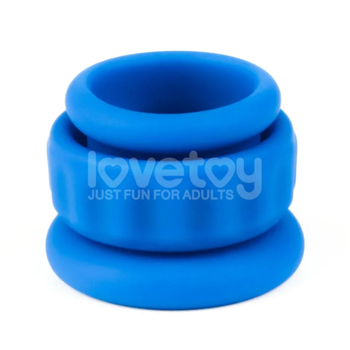 Blue Twin Flex ring and ball stretcher stacked together, ribbed silicone