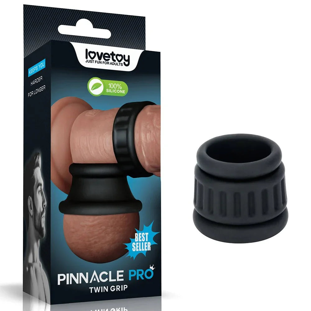 Lovetoy Pinnacle Pro Twin Grip cock and ball ring in Black, ribbed silicone sleeve with box