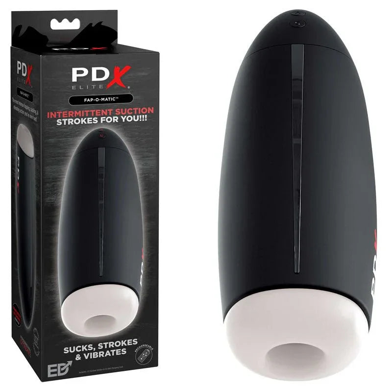 PDX Elite Fap-O-Matic sucking masturbator in Black with a white sleeve, and its box