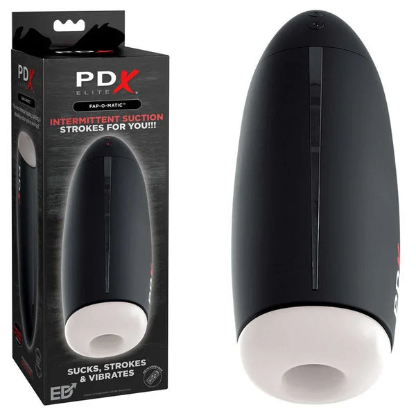 PDX Elite Fap-O-Matic sucking masturbator in Black with a white sleeve, and its box