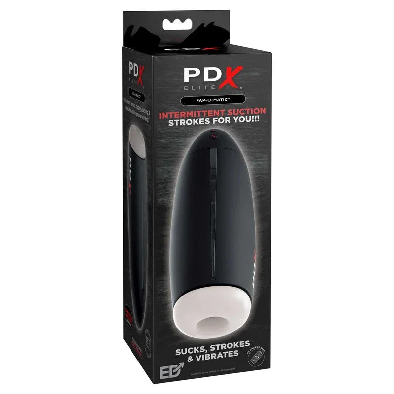 PDX Elite Fap-O-Matic retail box, sucks, strokes and vibrates badge