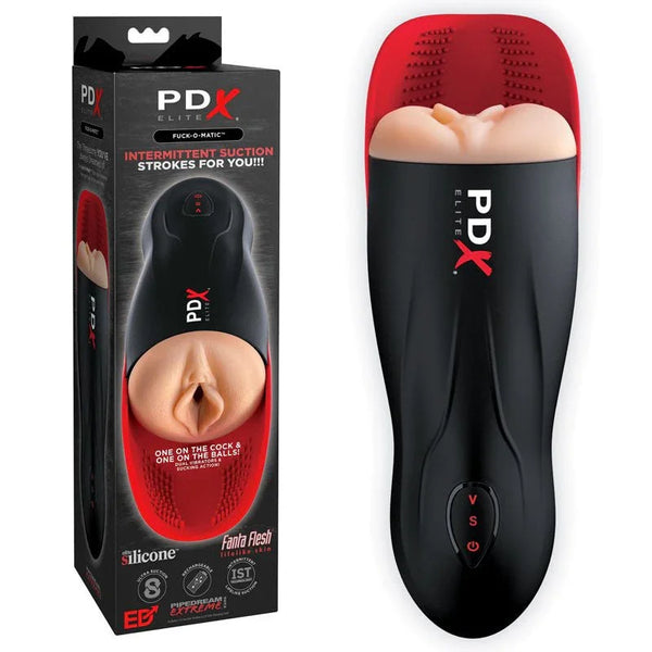 PDX Elite Fuck-O-Matic masturbator in black and red with a flesh opening, plus its box