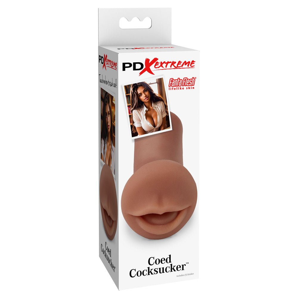 Buy Pipedream Extreme Toyz Coed Cocksucker - Brown - Brown Mouth Stroker – Naughtyhut NZ sex toys online. Discreet delivery & top brands.
