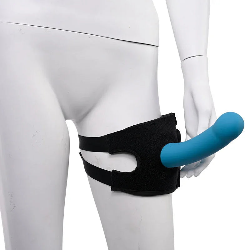 Forced-O thigh strap on a mannequin leg with a blue probe in the O-ring