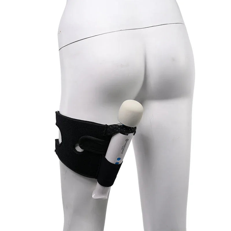 Forced-O thigh strap seen from behind on a mannequin leg, wand fitted