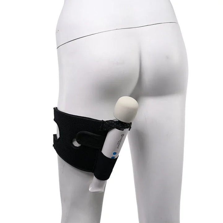 Forced-O thigh strap seen from behind on a mannequin leg, wand fitted