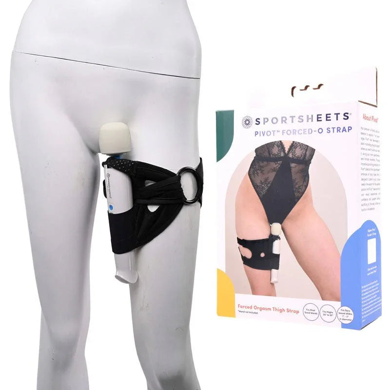 Sportsheets Pivot Forced-O Strap on a leg form holding a wand, beside its box