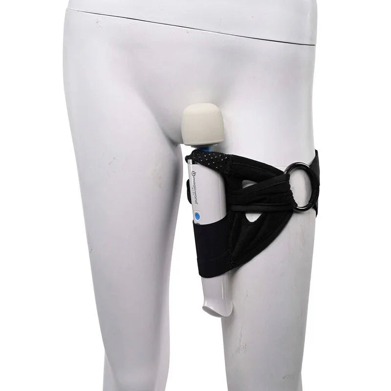 Forced-O thigh strap on a mannequin leg with a wand massager held in place