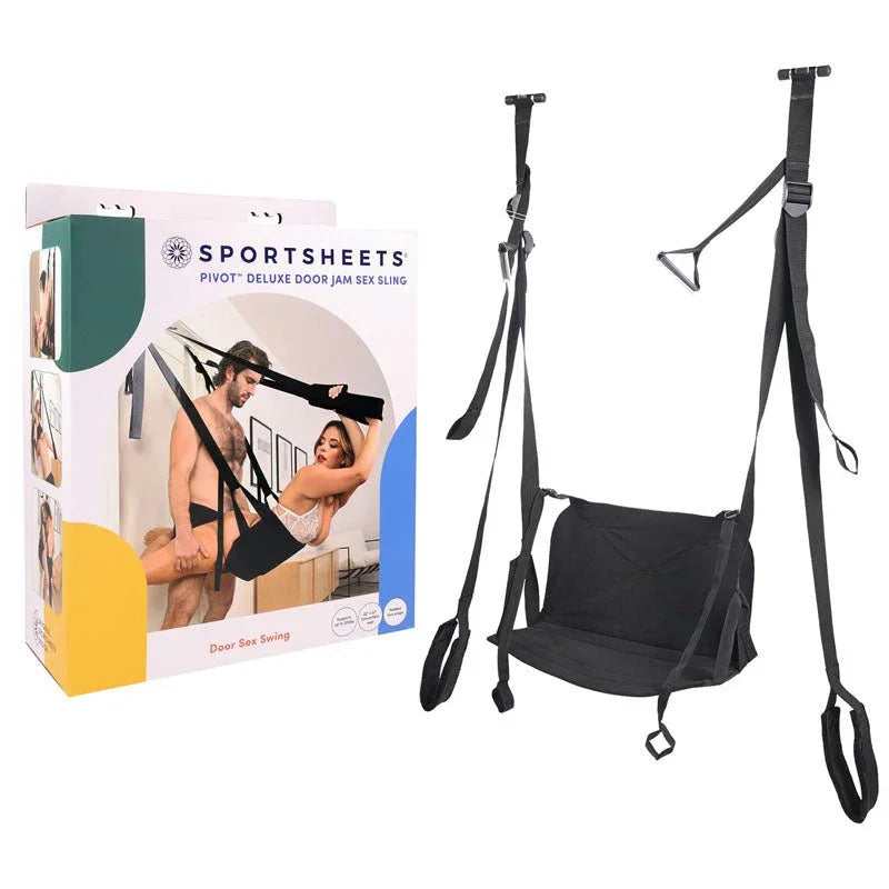 Sportsheets Pivot Deluxe Door Jam Sex Sling beside its retail box