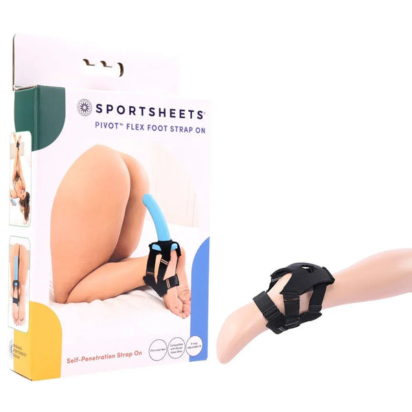 Sportsheets Pivot Flex Foot Strap On box beside the black foot harness fitted to a leg form