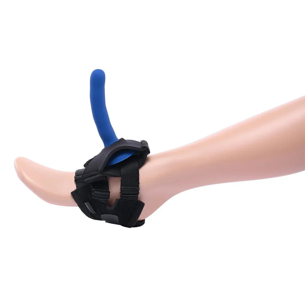 Pivot foot harness with a blue probe fitted, front view on a leg form