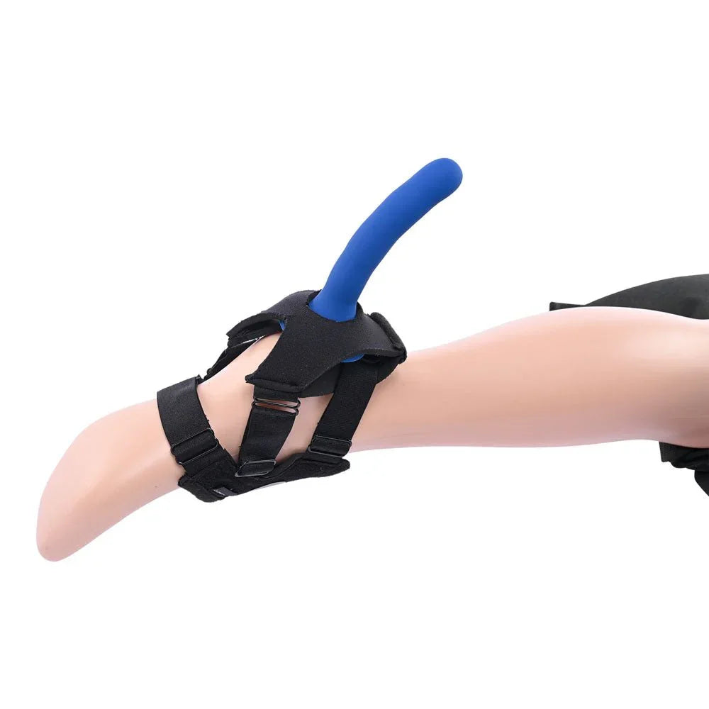 Pivot foot harness on a leg form with a blue probe fitted, side view