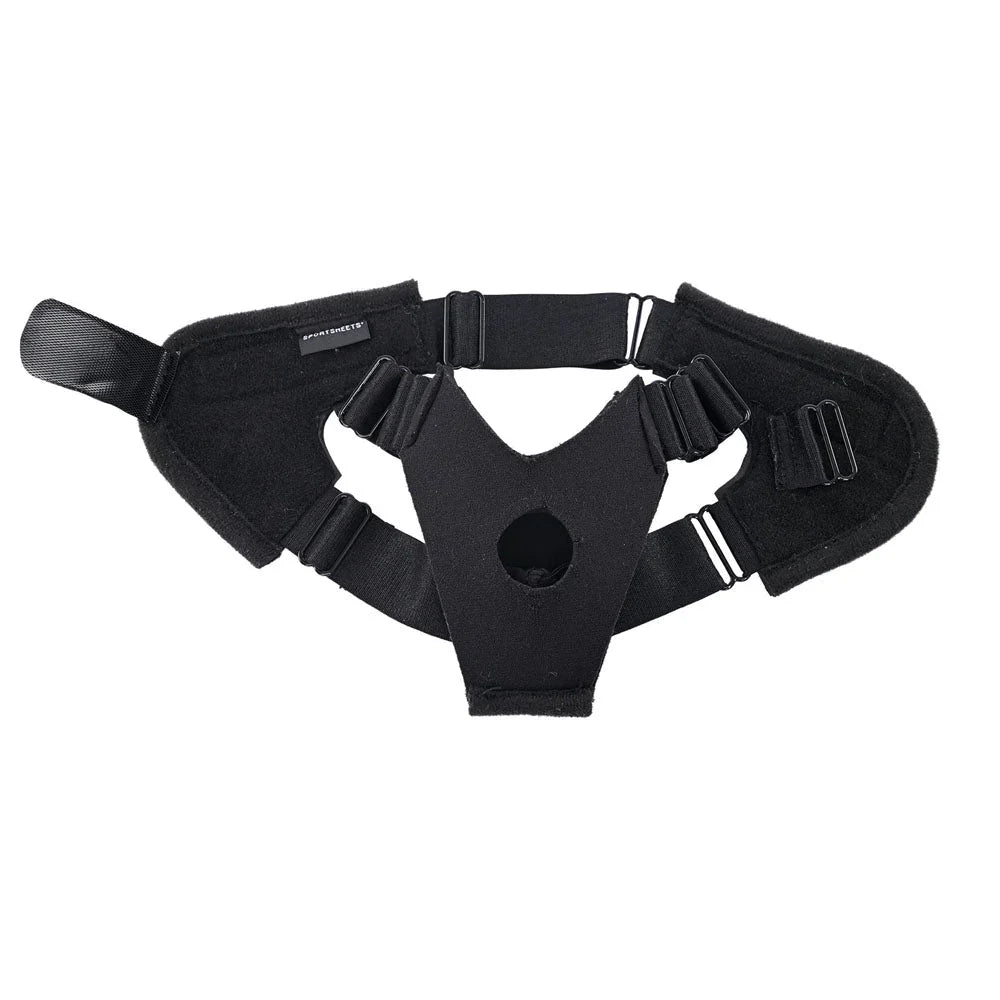 Pivot Flex foot harness laid flat on white, showing the probe hole, sole pad and buckle straps