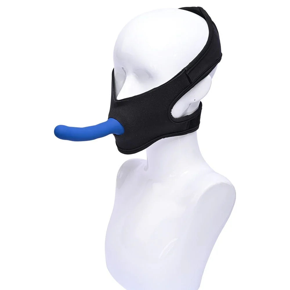Pivot face strap-on on a white mannequin head with a blue probe fitted