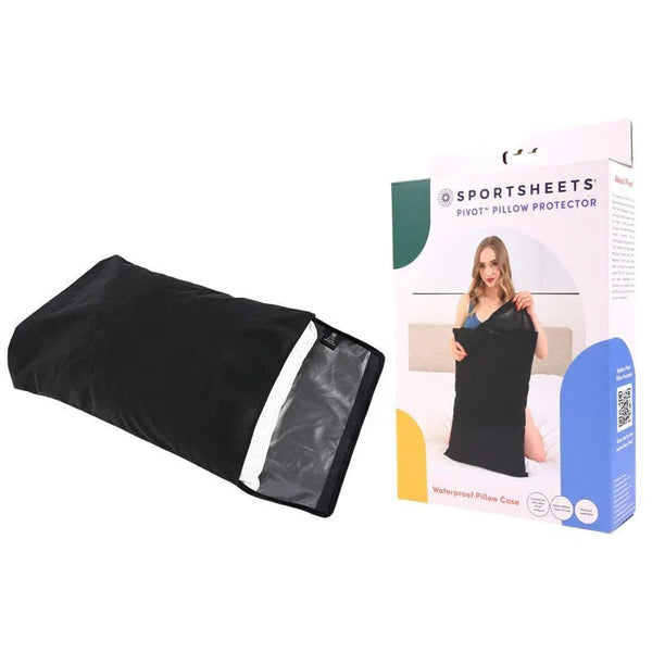 Sportsheets Pivot Pillow Protector in black beside its retail box