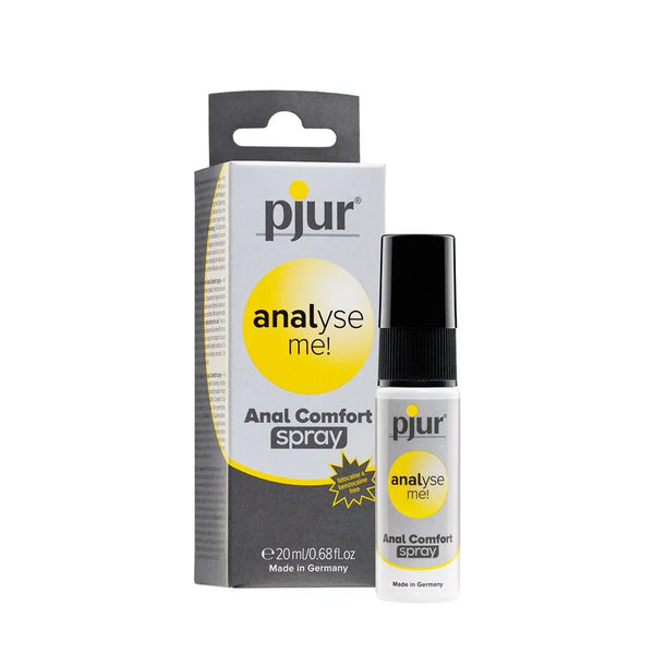 pjur analyse me! Anal Comfort Spray, 20 ml white spray bottle beside its yellow retail box