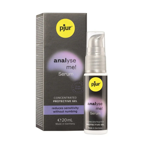 pjur analyse me! Serum, grey retail box on the left with the 20 ml pump bottle beside it