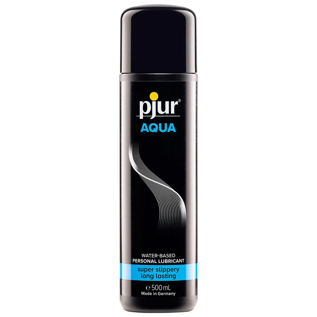 pjur Aqua water-based lubricant, tall black 500 ml bottle with blue lettering