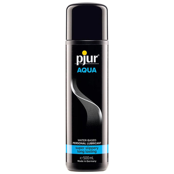 pjur Aqua water-based lubricant, tall black 500 ml bottle with blue lettering