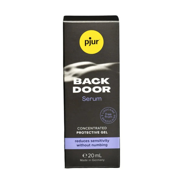 pjur Back Door Serum retail box, black with lilac accents, front face