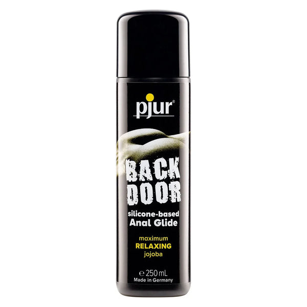 pjur Back Door Relaxing silicone Anal Glide, black 250 ml bottle front view