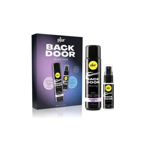 pjur Back Door Value Pack box with the 250 ml glide and 20 ml spray standing beside it
