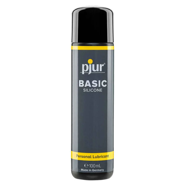 pjur Basic Silicone lubricant, grey 100 ml bottle with yellow stripe
