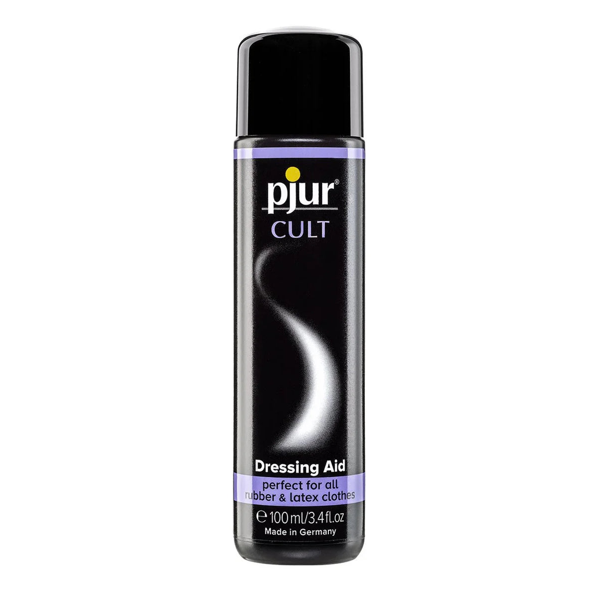 pjur Cult Dressing Aid for latex, black 100 ml bottle with lilac banding