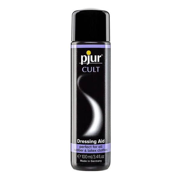 pjur Cult Dressing Aid for latex, black 100 ml bottle with lilac banding