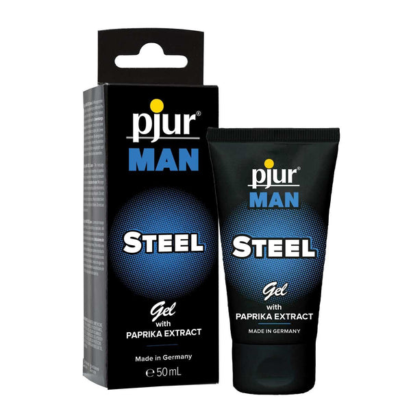 pjur MAN Steel Gel, 50 ml black tube standing beside its retail box