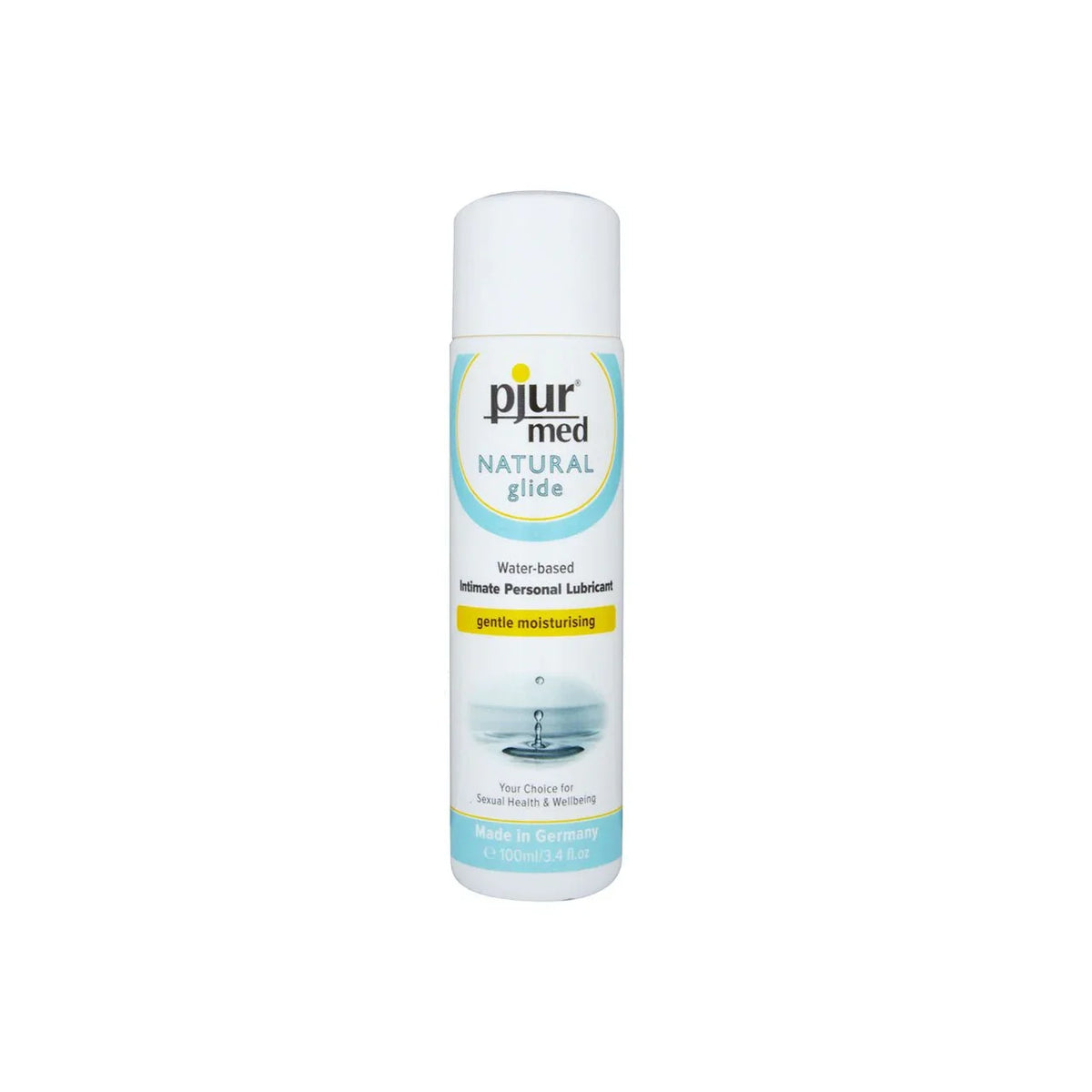 pjur med Natural Glide, white 100 ml bottle with pale blue water-drop label