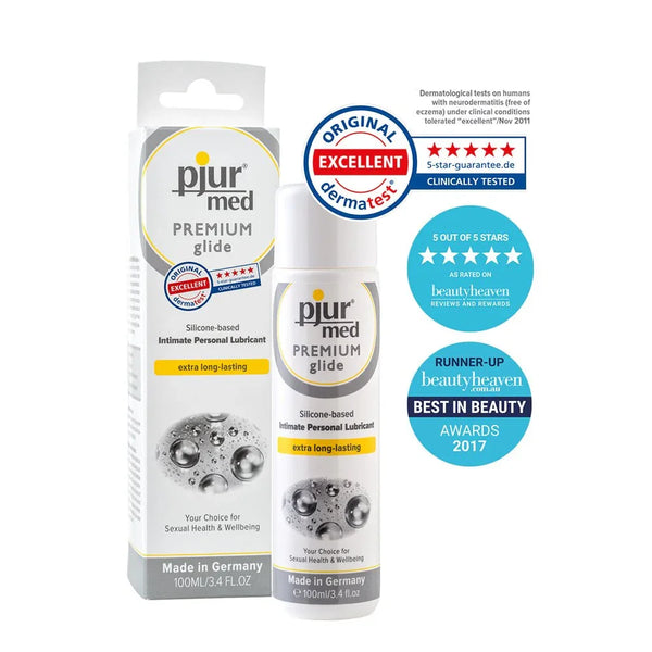 pjur med Premium Glide 100 ml bottle and box with dermatest and beautyheaven award badges