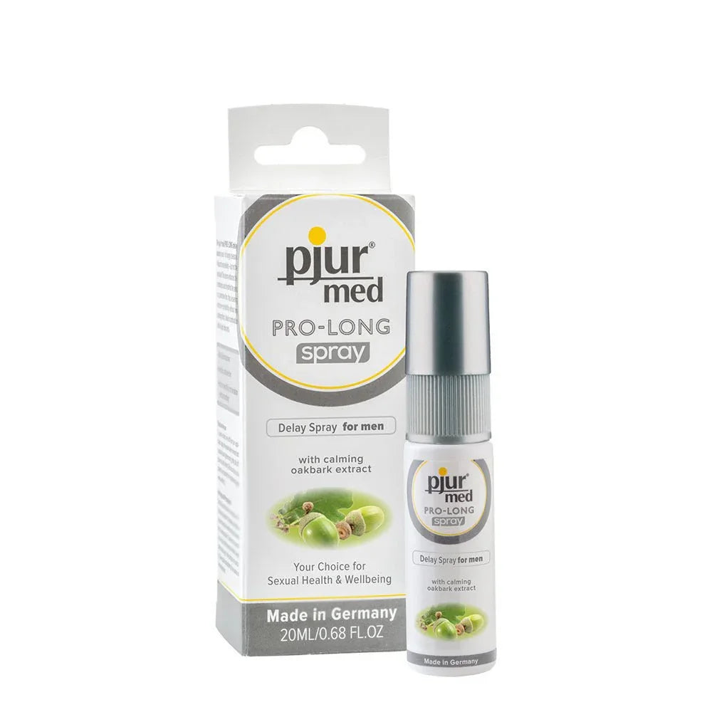pjur med Pro-long delay spray, 20 ml grey bottle in front of its retail box