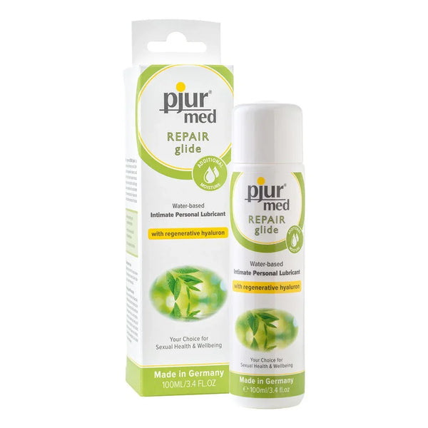 pjur med Repair Glide, 100 ml bottle beside its green hyaluron retail box