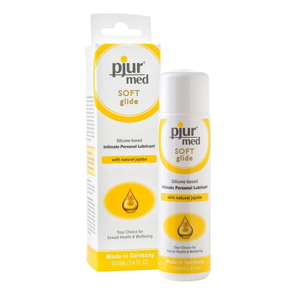 pjur med Soft Glide, 100 ml bottle beside its yellow jojoba retail box