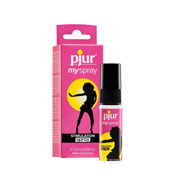 pjur My Spray stimulation spray, black 20 ml bottle in front of its pink box