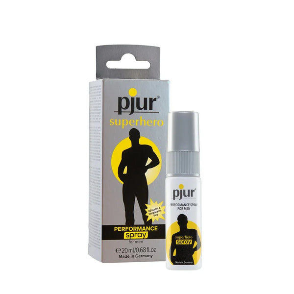 pjur Superhero Performance Spray, 20 ml bottle beside its silver retail box