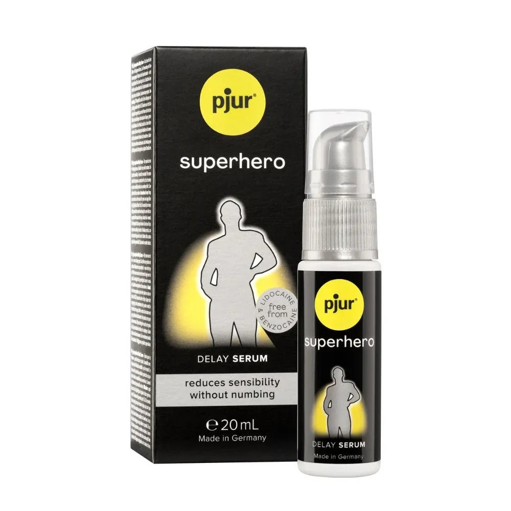 pjur Superhero Delay Serum, 20 ml pump bottle beside its black retail box