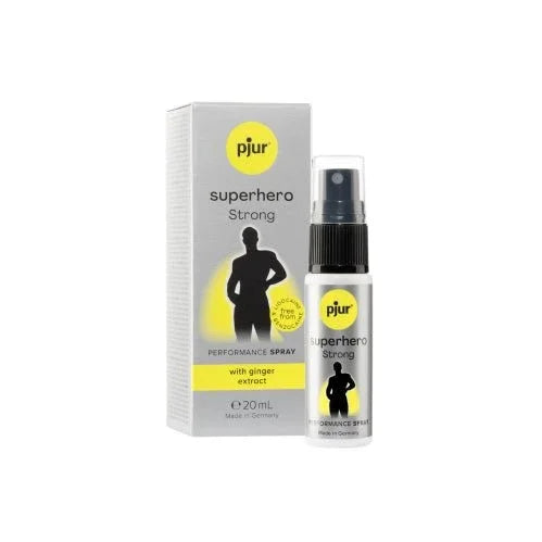 pjur Superhero Strong spray, 20 ml bottle beside its grey ginger-extract box