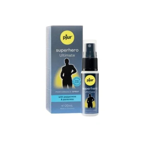 pjur Superhero Ultimate spray, 20 ml bottle beside its slate-blue retail box