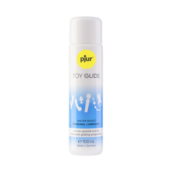 pjur Toy Glide, white 100 ml bottle with blue toy illustrations on the label