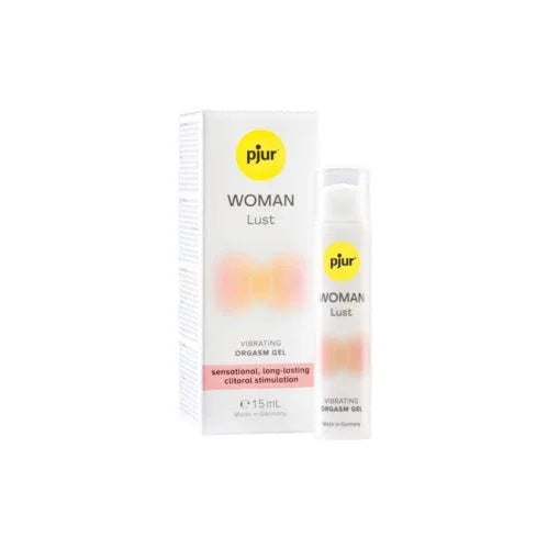 pjur Woman Lust orgasm gel, 15 ml pump beside its blush retail box