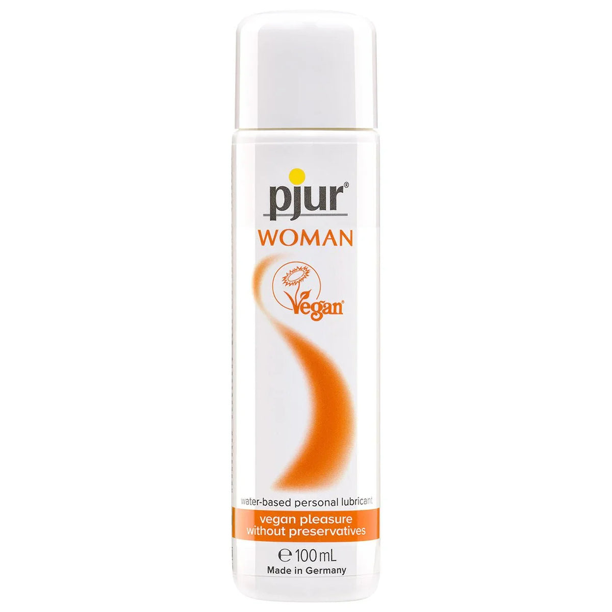 pjur Woman Vegan, white 100 ml bottle with orange swirl and vegan flower badge