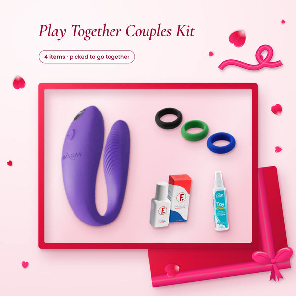 Play Together Couples Kit: a purple We-Vibe Sync Go, three silicone C-rings, Frenchie lube and pjur cleaner on pink