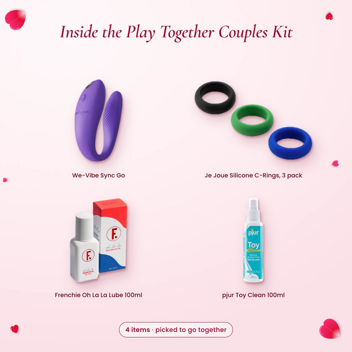 Inside the Play Together Couples Kit: We-Vibe Sync Go, Je Joue C-rings, Frenchie Oh La La lube and pjur Toy Clean