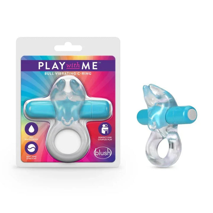 Play With Me Bull vibrating C-ring, clear ring with blue bullet and its blister pack